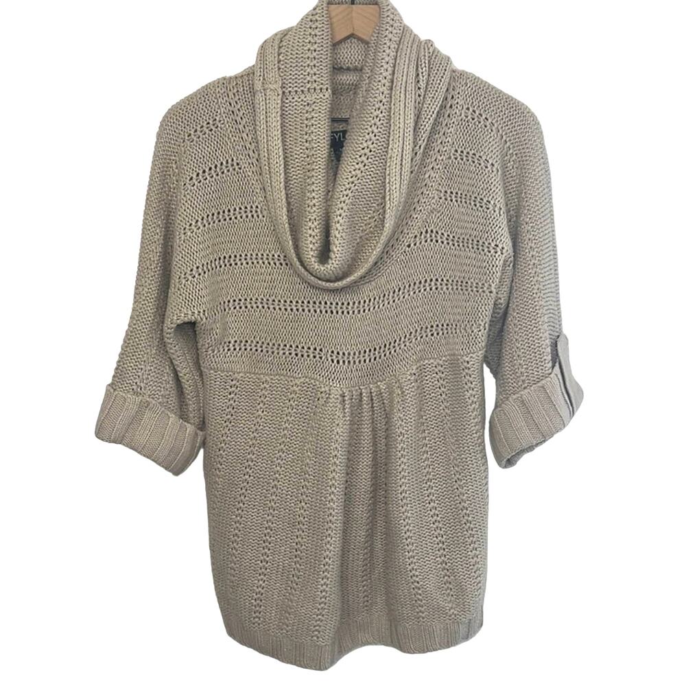 FYLO Knit Cowl Neck Sweater Medium Tan Ivory Cottagecore Minimalist Roll Tab Slv